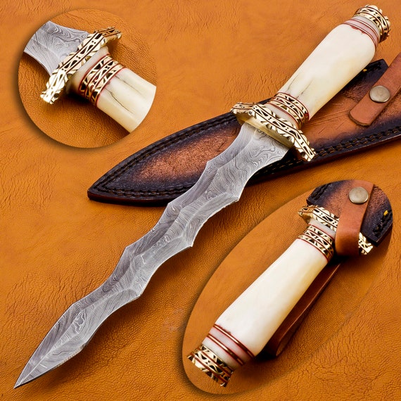 Curving Zig Zag Knife With Damascus Steel and Stone Etsy