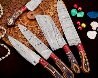 5 Pieces Handmade Damascus Steel Chef Knife Set | Triple-Toned Wood Handles & Genuine Leather Roll