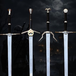 May include: Four metal swords with black grips and silver-toned blades. Each sword features a distinct crossguard design, including one with embedded red and green stones, one with a wolf-shaped pommel, and one with a circular emblem on the pommel.