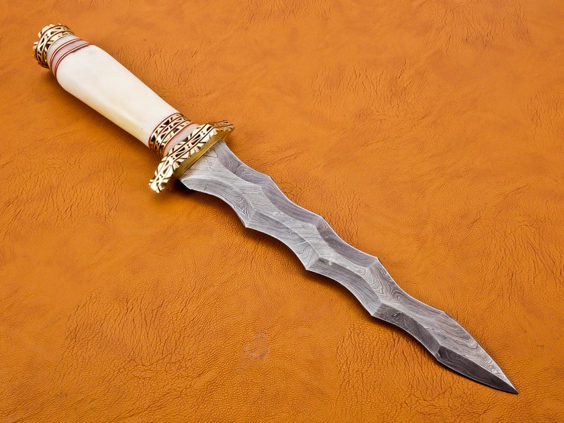 Curving Zig Zag Knife With Damascus Steel and Stone Etsy