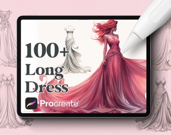 May include: A digital illustration of 100+ long dresses for Procreate. The image shows a red dress with a woman in it, and a white dress on a white background. The text "100+ Long Dress Procreate" is visible on the screen.