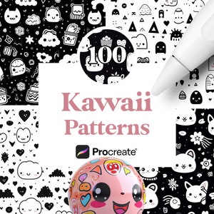 Può includere: Un set di 100 motivi kawaii in bianco e nero per Procreate. I motivi presentano personaggi carini, cuori, nuvole e forme geometriche.