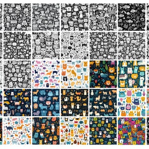 May include: A set of 36 colorful and black and white seamless patterns featuring various cute animal illustrations. The patterns include cats, dogs, bears, and other animals. The patterns are perfect for use in a variety of projects, such as fabric, wallpaper, and wrapping paper.