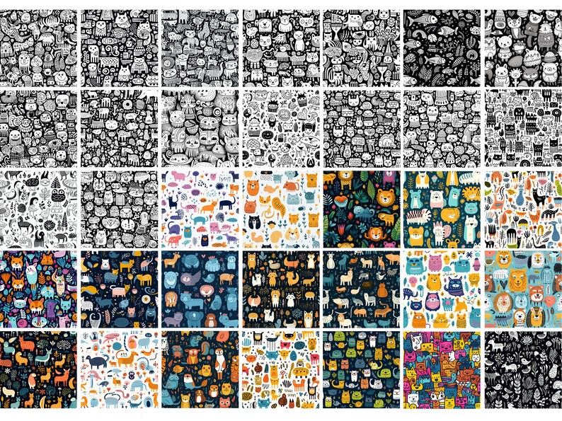 May include: A set of 36 colorful and black and white seamless patterns featuring various cute animal illustrations. The patterns include cats, dogs, bears, and other animals. The patterns are perfect for use in a variety of projects, such as fabric, wallpaper, and wrapping paper.