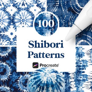 Puede incluir: 100 Patrones Shibori para Procreate. Una colección de patrones tie-dye azules y blancos, perfectos para crear diseños únicos.