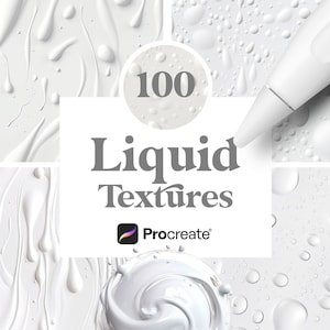 Peut inclure: Un ensemble de 100 textures liquides blanches pour Procreate. Les textures sont présentées dans quatre styles différents, notamment des tourbillons, des gouttes et des bulles.