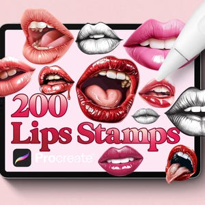 May include: A digital illustration of 200 different lip stamps for use in the Procreate app. The lips are drawn in various styles and colors, including red, pink, and black.