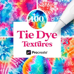 Peut inclure: 100 textures tie-dye pour Procreate. Une collection de motifs tie-dye colorés dans différentes nuances de bleu, rose, jaune et orange.