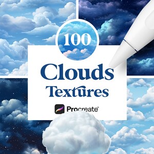 Può includere: Un'illustrazione digitale di 100 texture di nuvole da utilizzare in Procreate. L'immagine mostra quattro diversi motivi di nuvole, tra cui cieli azzurri con nuvole bianche, cieli blu scuro con nuvole bianche e stelle, e una singola nuvola bianca.