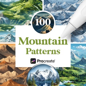 Puede incluir: Una ilustración digital de 100 patrones de montaña para Procreate. La imagen muestra una variedad de paisajes de montaña con diferentes colores y estilos.