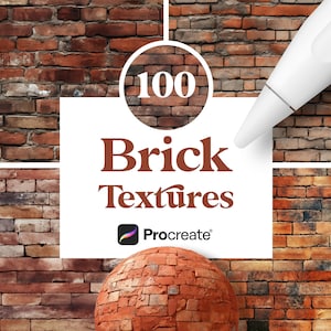 May include: A digital illustration of 100 brick textures for Procreate. The image features a red brick wall with a white circle containing the number 100 and the text "Brick Textures" in brown text. The Procreate logo is also visible in the image.
