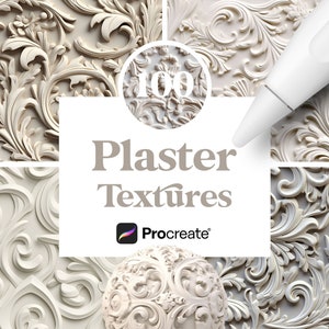 以下が含まれることがあります： 複雑な白い漆喰のデザインを特徴とする、100種類のデジタルProcreateテクスチャのセット。テクスチャは、デジタルアートにエレガンスと洗練さを加えるのに最適です。