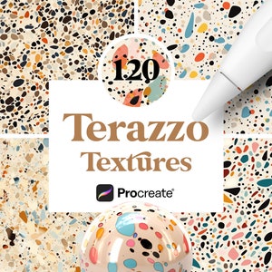 Pode incluir: Conjunto de arte digital com 120 texturas de terrazzo em várias cores, incluindo bege, azul, laranja e preto. A imagem mostra o texto "Terrazzo Textures", o logotipo Procreate e uma caneta digital.