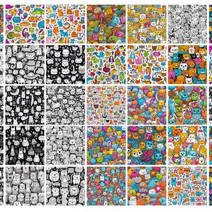 May include: A set of 36 colorful and black and white seamless patterns featuring cute cartoon cats, dogs, and other animals. The patterns are perfect for use in digital and print projects.