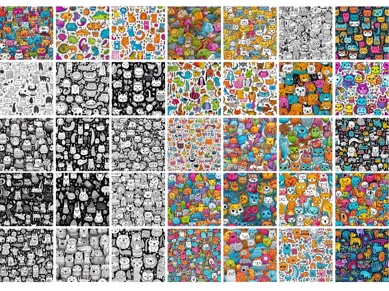 May include: A set of 36 colorful and black and white seamless patterns featuring cute cartoon cats, dogs, and other animals. The patterns are perfect for use in digital and print projects.