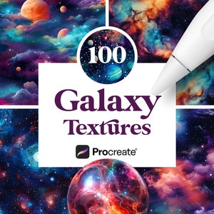 May include: 100 Galaxy Textures for Procreate. A collection of digital textures featuring colourful nebulae, stars, and planets. Ideal for creating space-themed artwork.