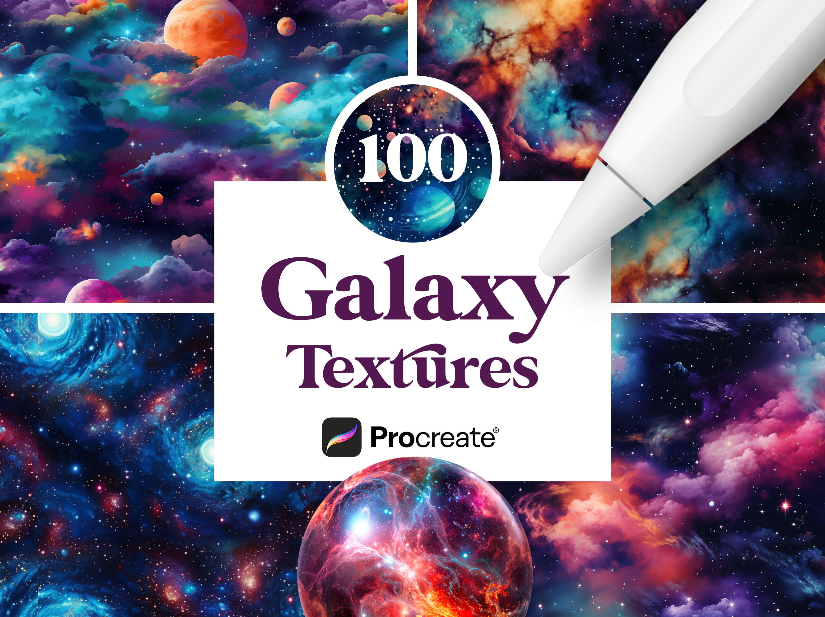 100 patrones de galaxia para Procreate – Pinceles de textura cielo estrellado y sellos cósmicos (Descarga digital)