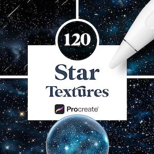 May include: A collage of 120 star textures for Procreate, featuring various shades of blue and black with white stars. The textures are ideal for creating backgrounds, overlays, and other creative projects.