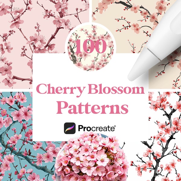 100 Cherry Blossom Patterns for Procreate, Seamless Patterns