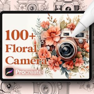 May include: A digital illustration of a vintage camera decorated with watercolor flowers. The image is displayed on a tablet screen with the text "100+ Floral Camera Procreate" on the screen.