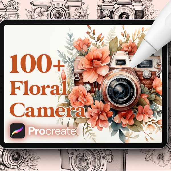 100+ Floral Camera Stamps, Retro Camera with Flowers for Photography Logo, Instant Digital Download