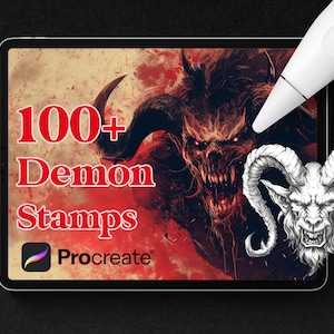 May include: A digital illustration of a red demon with horns and fangs on a tablet screen. The screen also displays the text "100+ Demon Stamps" and the Procreate logo. A white stylus is resting on the tablet.
