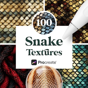 Pode incluir: Arte digital com 100 texturas de cobra em várias cores e padrões. A imagem inclui uma caneta stylus branca e o texto "Snake Textures" com o logotipo Procreate.