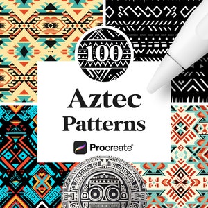 May include: A digital illustration of 100 Aztec patterns for use in the Procreate app. The patterns are in a variety of colours, including black, white, red, blue, and yellow. The patterns are geometric and abstract.