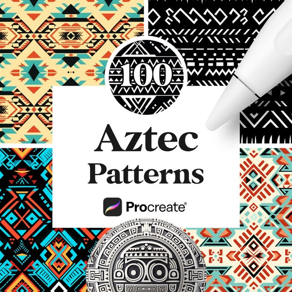 100 Procreate Aztec Patterns, Geometric Aztec Embroidery