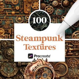 Peut inclure: Textures d'art numérique sur le thème steampunk. L'image présente une collection d'engrenages, de tuyaux et d'éléments mécaniques complexes dans des tons or, bronze et sarcelle. Le texte indique "100 Steampunk Textures" et inclut le logo Procreate.