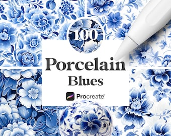 100 Procreate Porcelain Blues Patterns, Digital Download