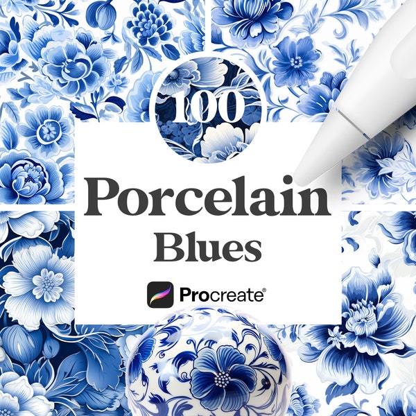 100 Procreate Porcelain Blues Patterns, Digital Download