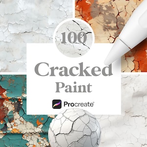 Può includere: Un set di 100 texture di vernice screpolata per Procreate. Le texture presentano varie tonalità di vernice bianca, arancione, blu e verde con crepe e vernice che si stacca. Le texture sono perfette per aggiungere un aspetto usurato o vintage alla tua arte digitale.
