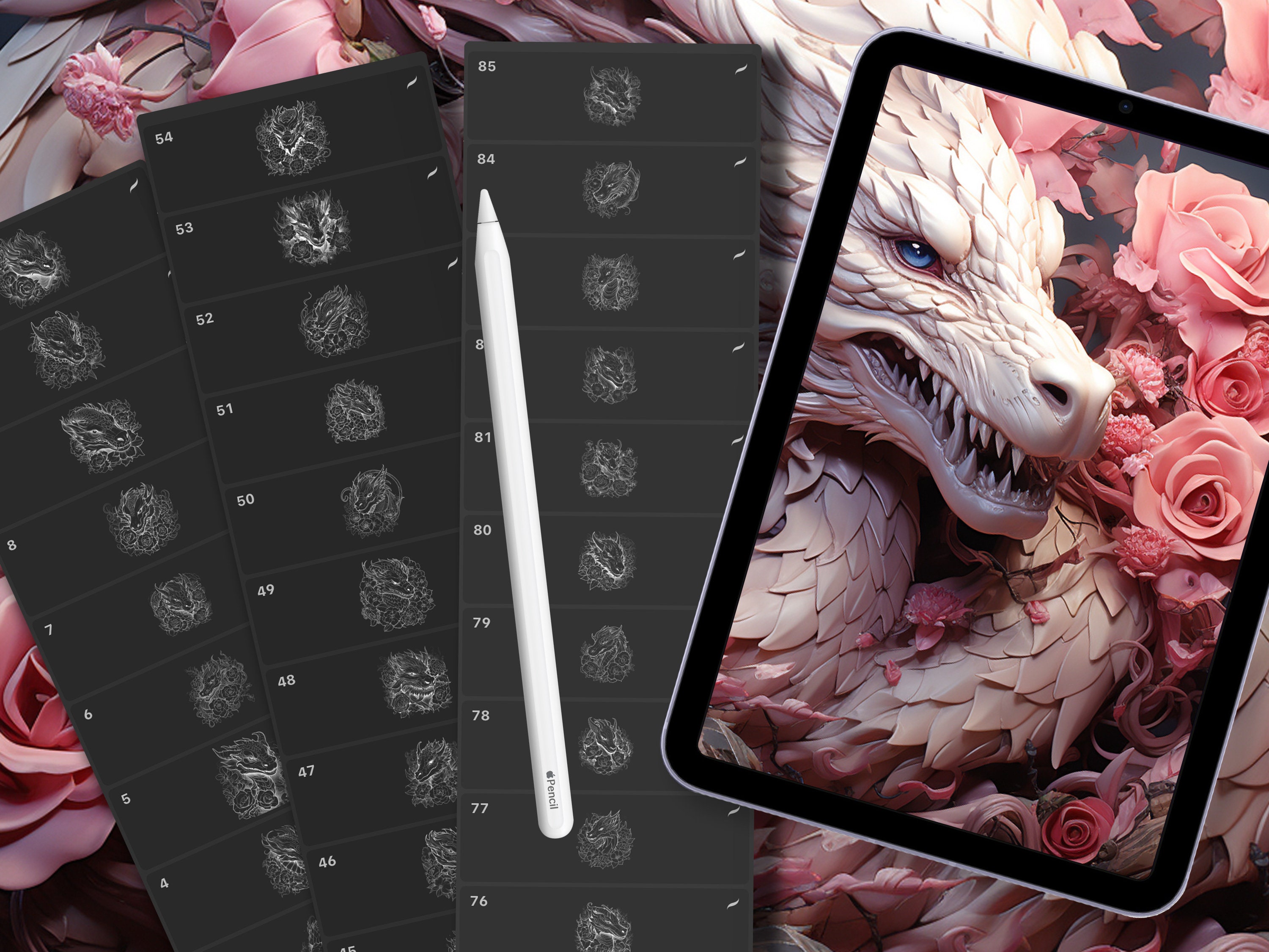 100 Floral Dragon Stamps Brushes for Procreate, Instant Digital ...