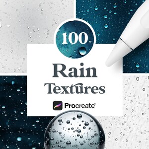 May include: Digital art product featuring 100 rain textures for Procreate. The image showcases various water droplet patterns in shades of blue and white, with a digital stylus and the Procreate logo.