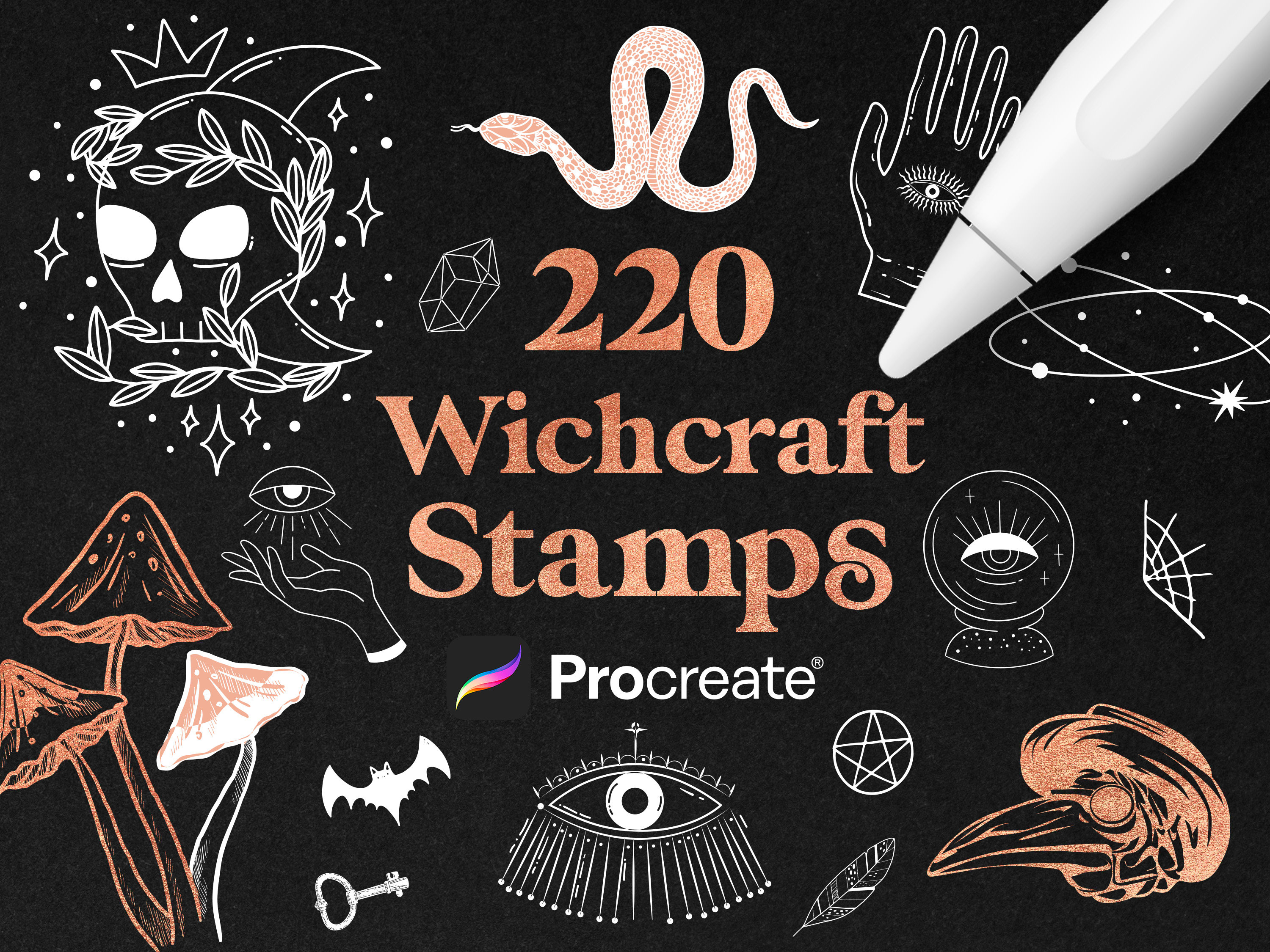 220 sellos Procreate de Brujería y Cielo — Cristales místicos, pociones, luna y flash de tatuaje boho