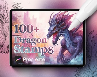 May include: A digital tablet screen displaying a colorful image of a dragon with the text "100+ Dragon Stamps" and the Procreate logo. The tablet is on a pink and white background.