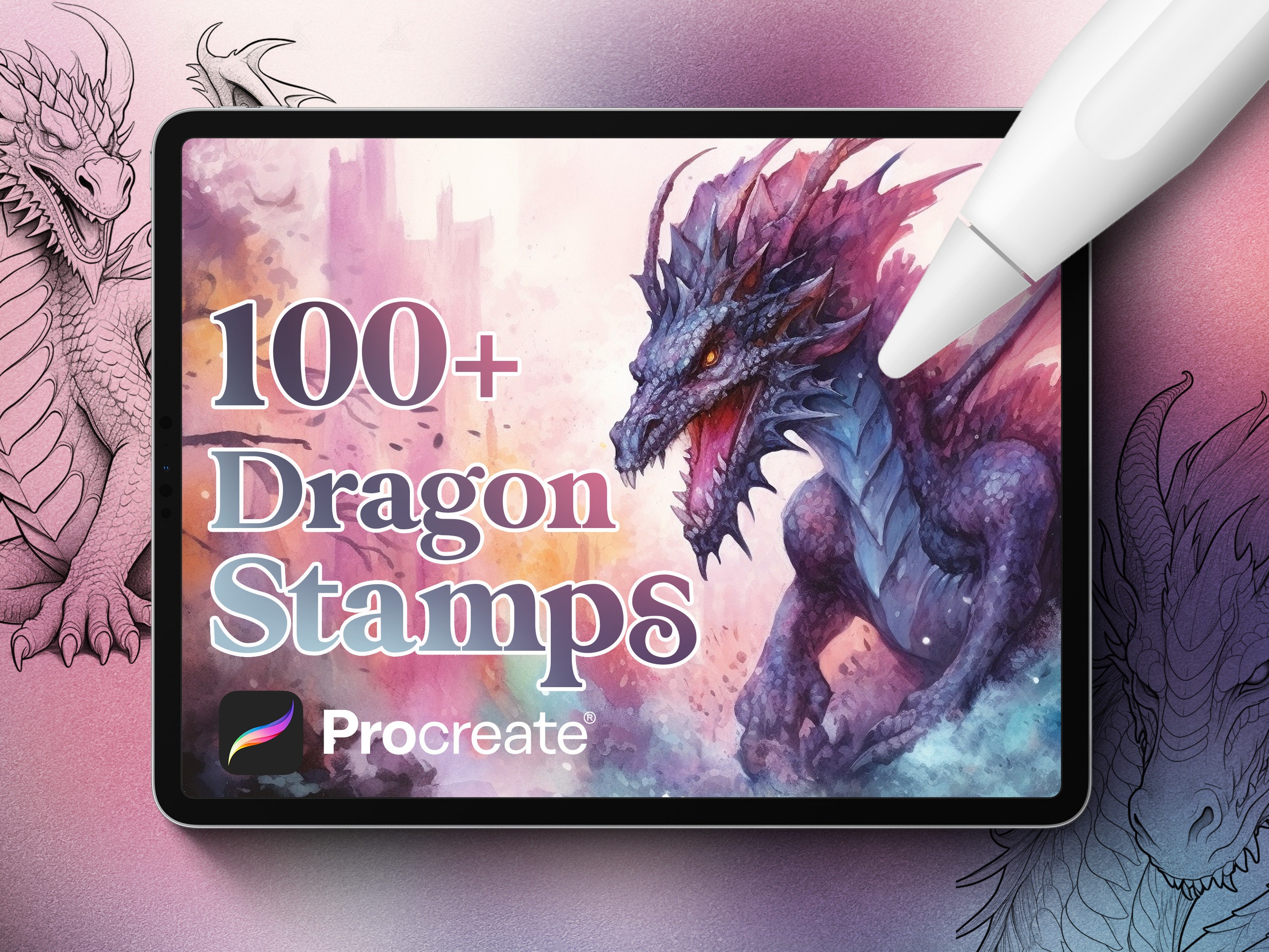 Más de 100 pinceles de sello de dragón para Procreate – Set épico de fantasía, tatuaje e ilustración (descarga instantánea)