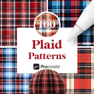 May include: A digital illustration of 100 plaid patterns for Procreate. The image shows a variety of plaid patterns in red, blue, black, and white.