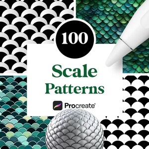 May include: A collection of 100 scale patterns for Procreate, featuring various designs in black, white, and green. The patterns are displayed on a white background with a 3D sphere in the center.