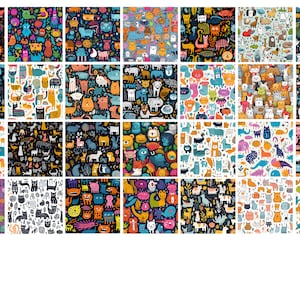 May include: A set of 25 colorful seamless patterns featuring various animal illustrations, including cats, dogs, bears, and other creatures. The patterns are perfect for fabric, wallpaper, or digital design projects.