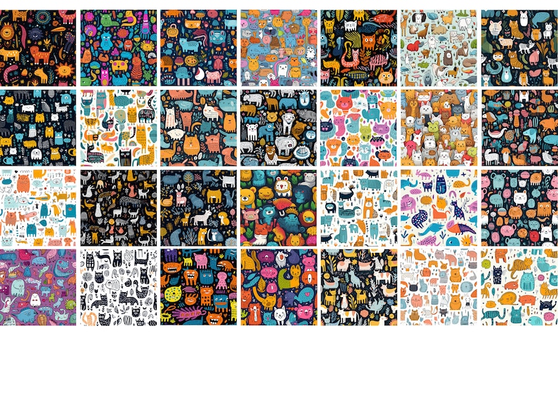 May include: A set of 25 colorful seamless patterns featuring various animal illustrations, including cats, dogs, bears, and other creatures. The patterns are perfect for fabric, wallpaper, or digital design projects.