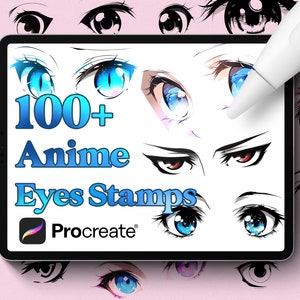 Op de afbeelding: Een digitaal tabletscherm toont een verzameling van meer dan 100 anime-oogenstempels voor Procreate. De stempels zijn in verschillende stijlen en kleuren, waaronder blauw, rood en bruin.