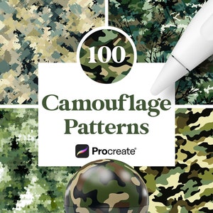 May include: A digital illustration of 100 camouflage patterns for use in the Procreate app. The patterns are in various shades of green, brown, and black.