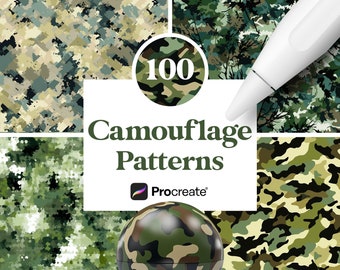 100 tekstur kamuflażu, bezszwowe pędzle Army Woodland do Procreate, pobieranie cyfrowe