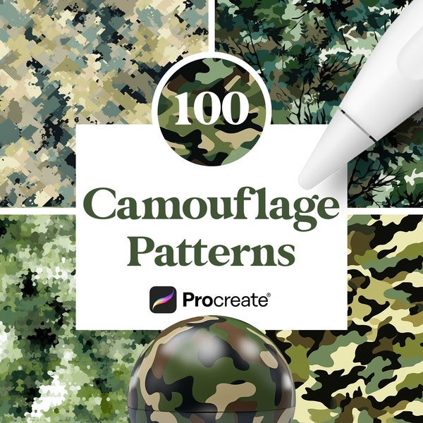 100 Camouflage Textures, Army Woodland Seamless Brushes for Procreate, Digital Download