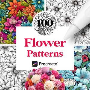 May include: A collage of four different flower patterns, each with a unique style. The patterns are in black and white, and colorful. The text "100 Flower Patterns" and "Procreate" are displayed in the center of the image.