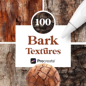 May include: A collage of four different bark textures, each with a unique pattern and colour. The image includes the text "100 Bark Textures" and a Procreate logo.