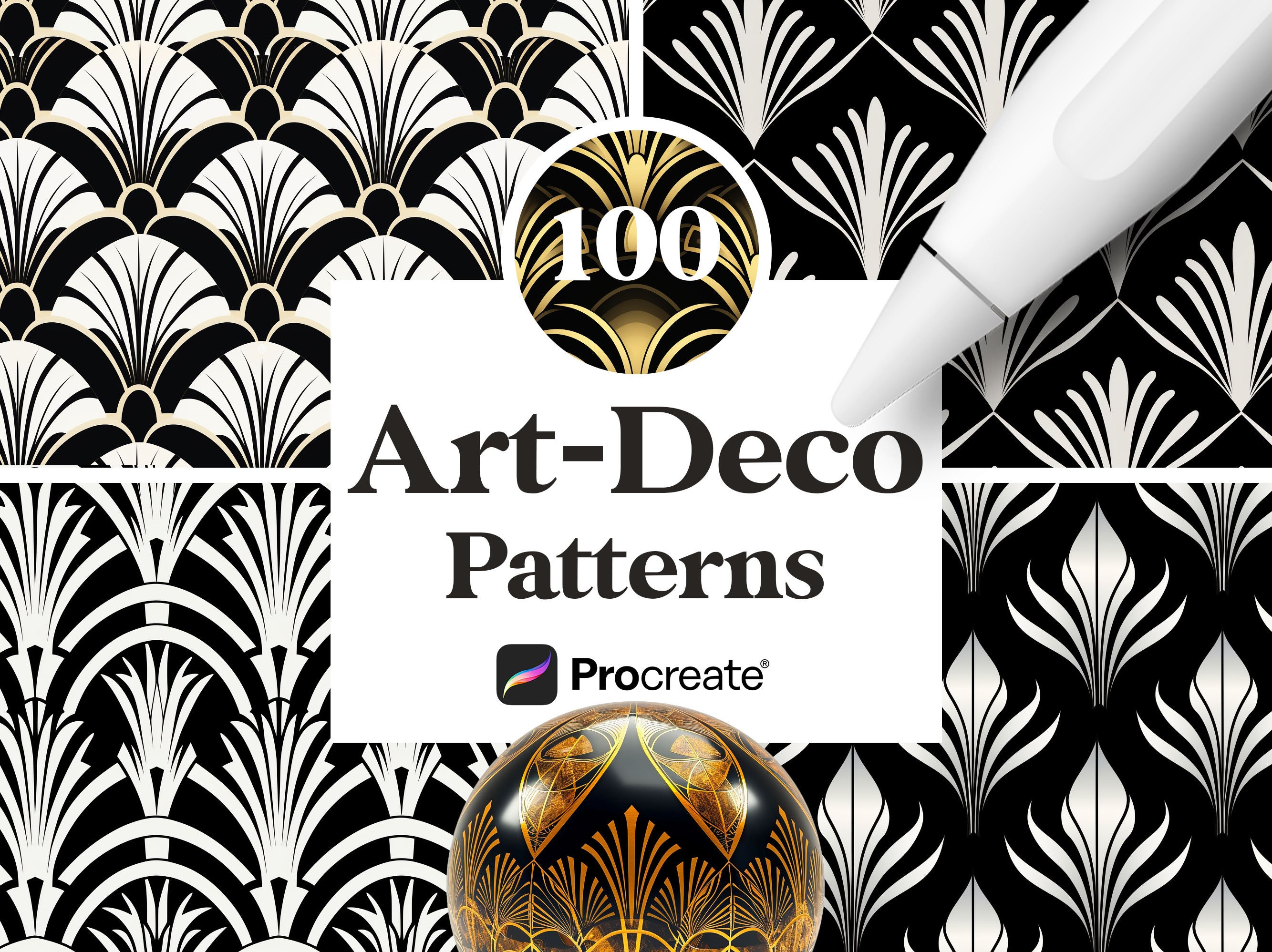 100 patrones Art Decó para Procreate — Set de pinceles geométricos de lujo, descarga digital instantánea