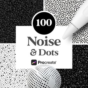 May include: A set of 100 black and white noise and dot patterns for Procreate. The patterns are shown on a white background with a black circle containing the number 100 and the text "Noise & Dots".
